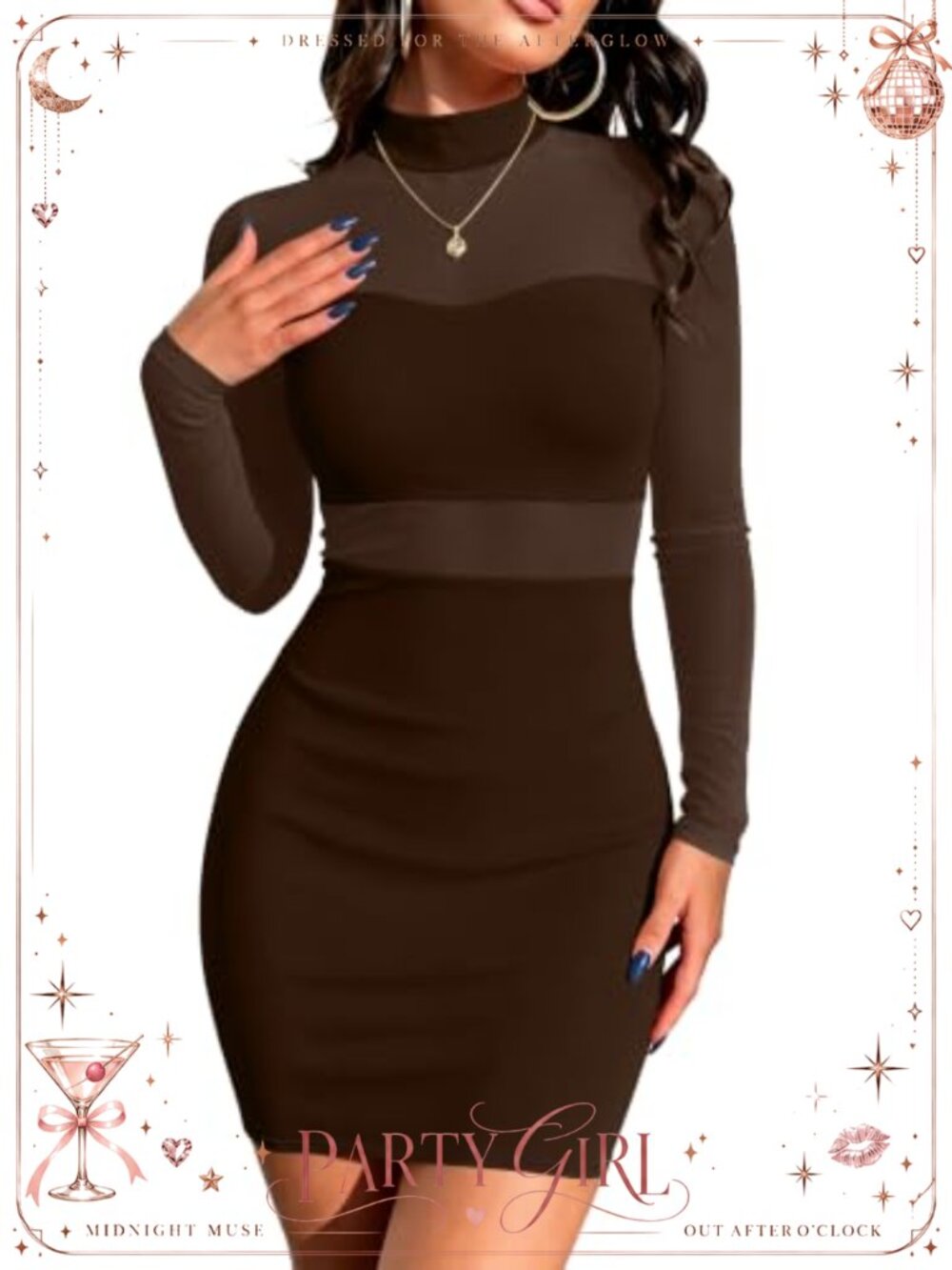 Women's Mesh Long Sleeve Bodycon Mini Dress Mock Neck Party Clubwear